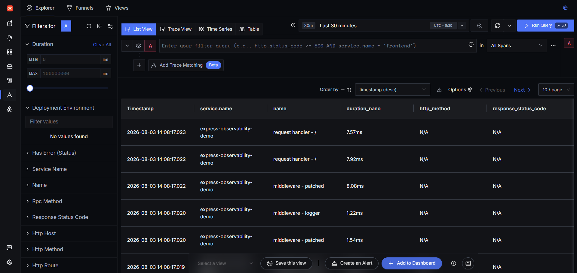 Traces from the express-observability-demo service in the SigNoz Explorer
